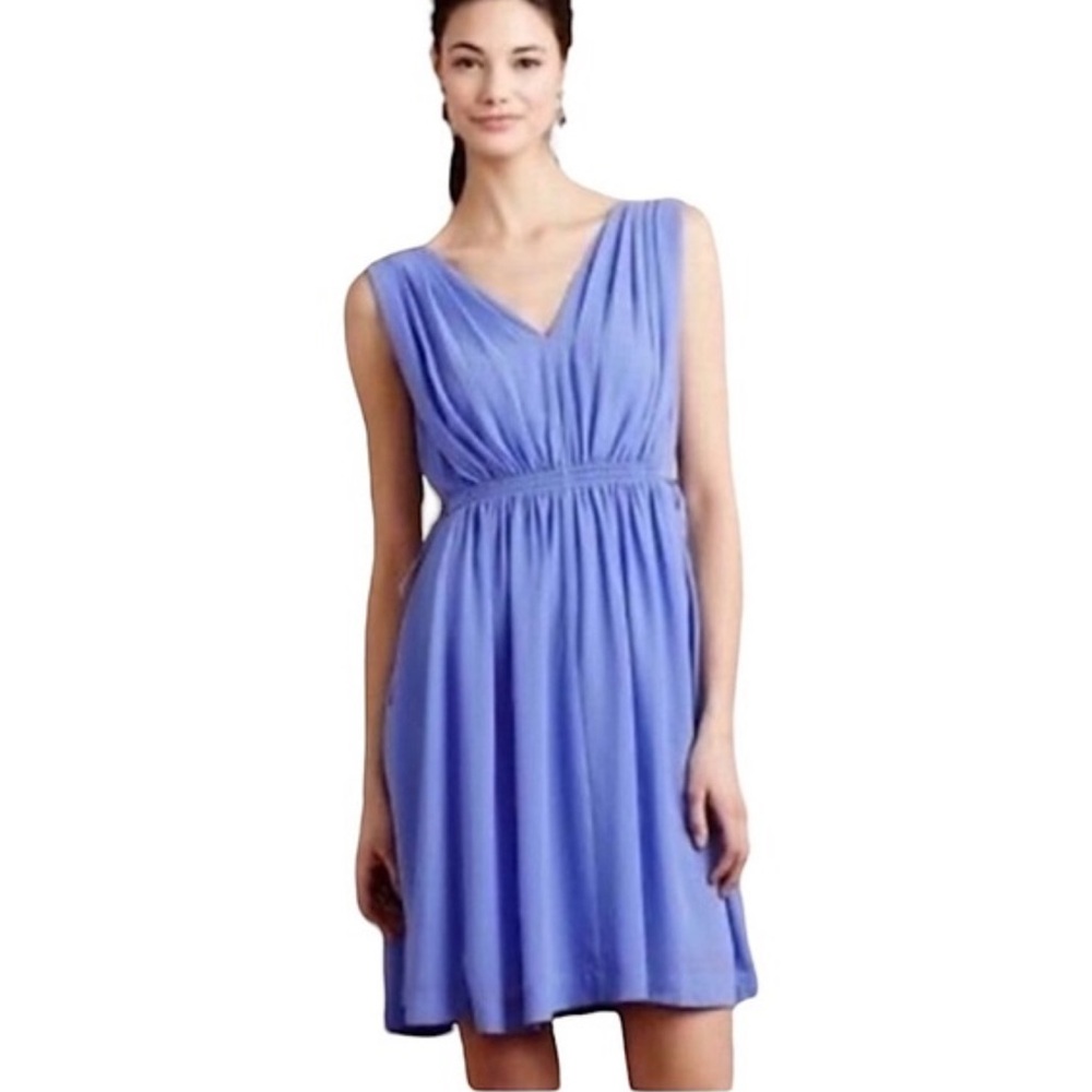 Anthropologie Blue Ruched V-Neck Mini Dress